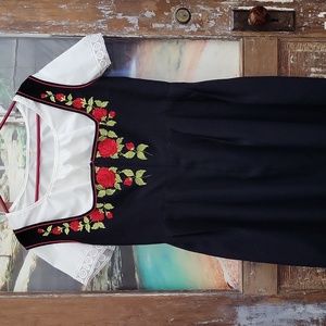 Authentic Trevira Greman Dirndl W/Blouse Black W/Embroidered Red Roses Size 48